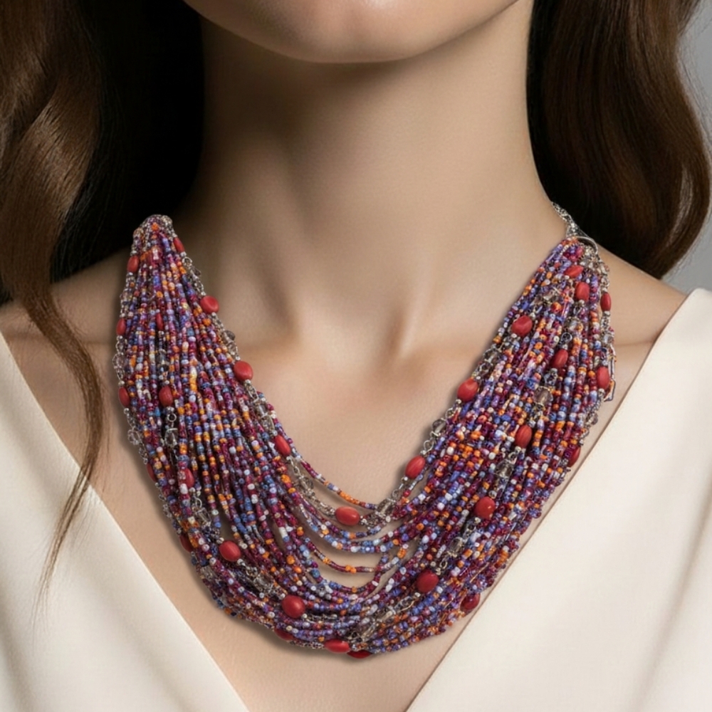 Multicolor Seed Bead Layered Statement Necklace